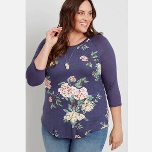 Maurice’s 24/7 Raglan Sleeve Floral Print Navy Blue Pink Boho Top